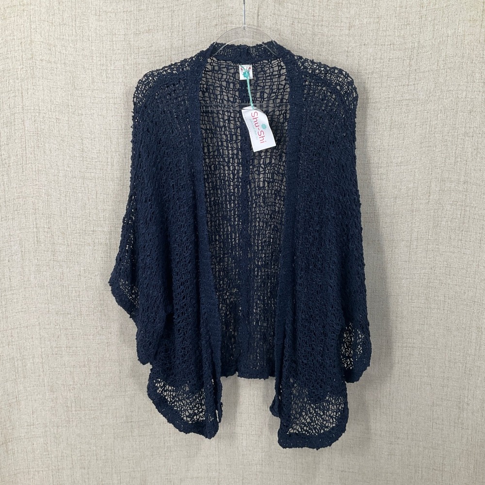 Shu-Shi Cardigan Women L/XL Navy Blue Boho Crochet Open Weave Oversized Artisan